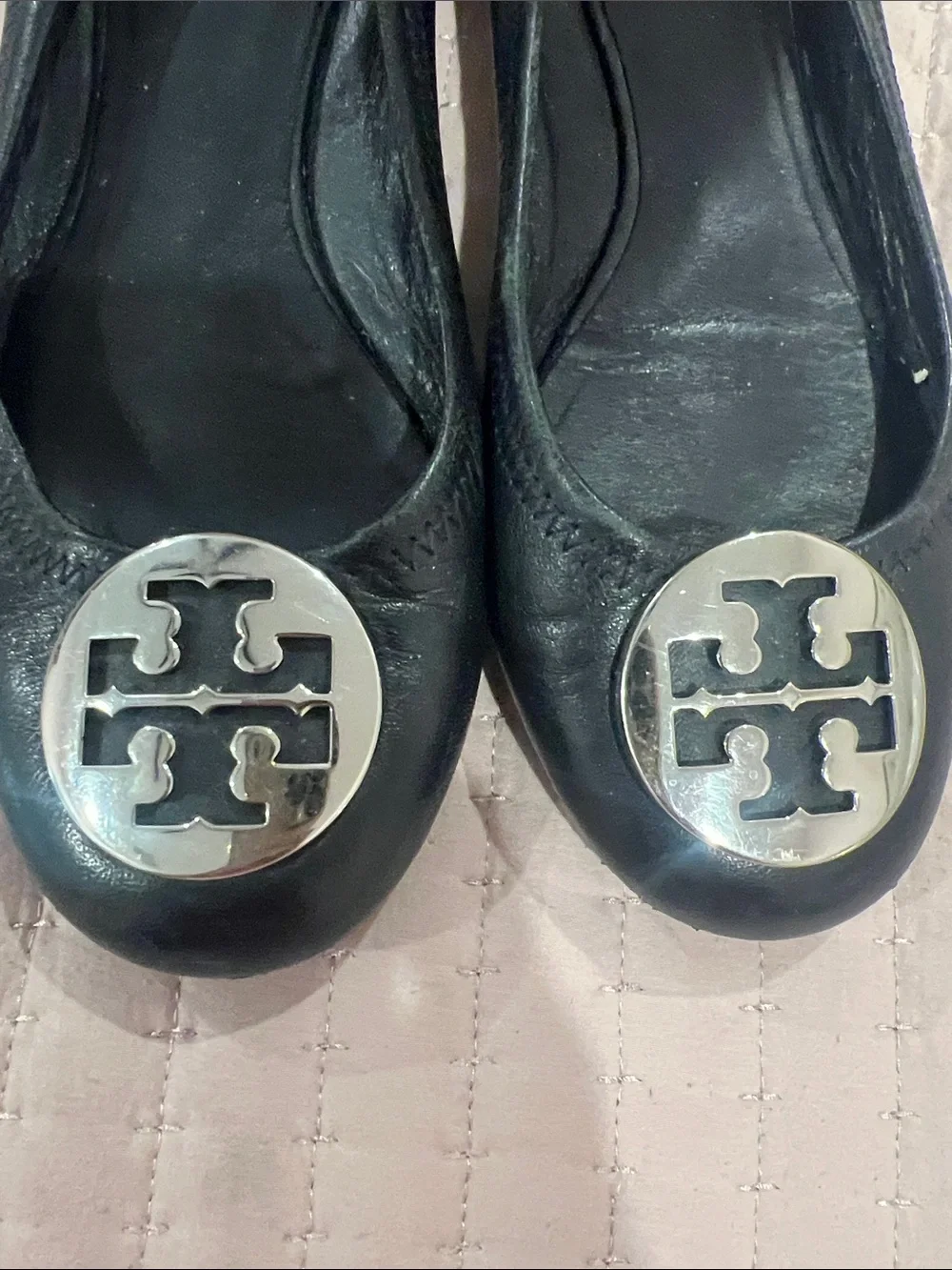 Tory Burch Black Leather Logo Round-Toe Ballet Flats